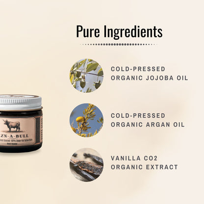 Rzn-A-Bull Tallow Balm ingredients showcase: Cold-pressed organic jojoba oil, cold-pressed organic argan oil, and vanilla CO₂ organic extract. The image features a jar of Rzn-A-Bull balm on the left with ingredient visuals on the right, highlighting the natural, regeneratively sourced components. Beige background with bold black text stating 'Pure Ingredients.' Ideal for skincare hydration and nourishment.